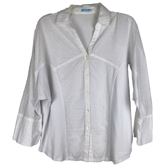 J. McLaughlin Button Up Textured Shirt White Dolman Sleeve Roll Tab Size Large - Picture 1 of 9